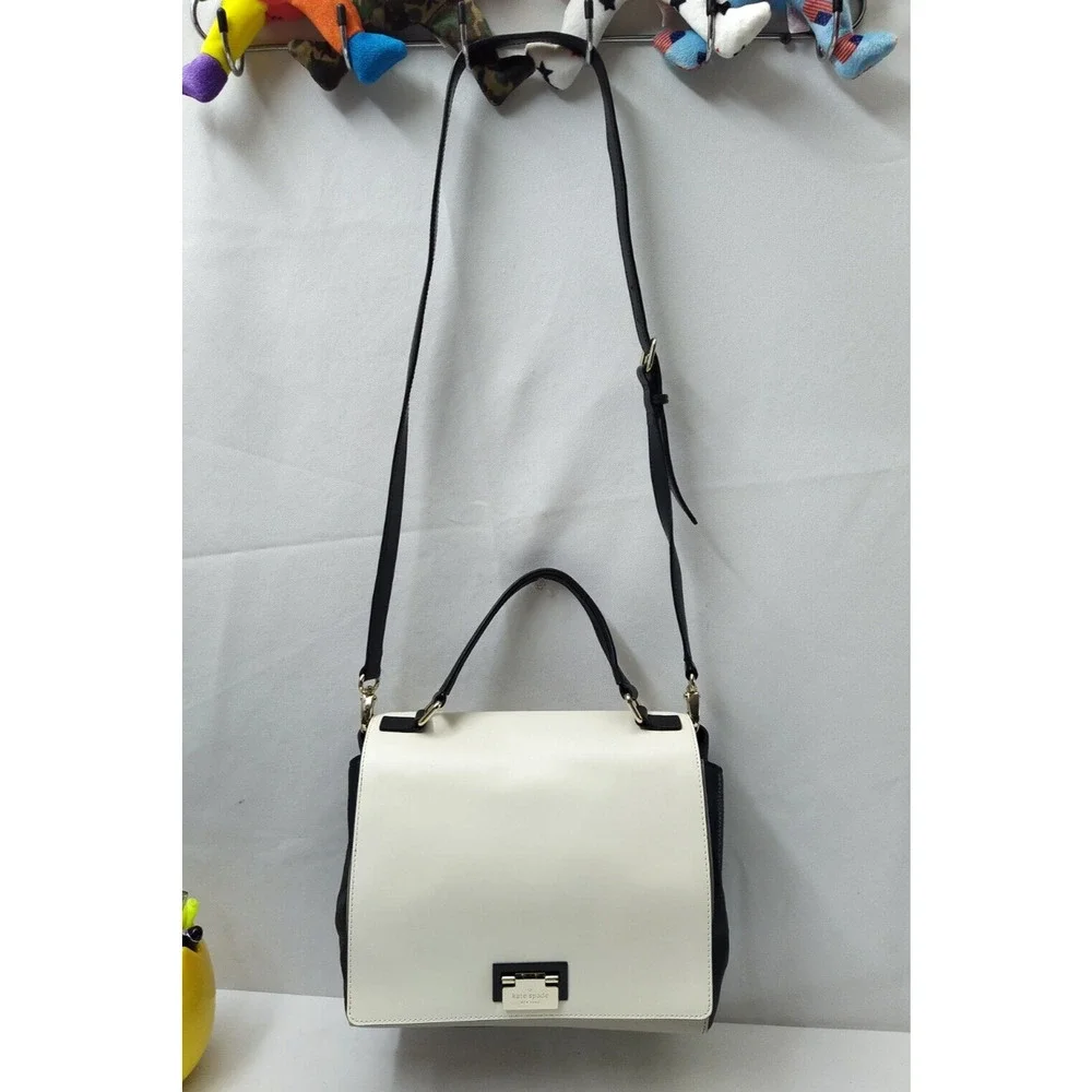 Kate Spade Magnolia Park White Leather 3-Tone Pushlock Satchel Crossbody Bag
